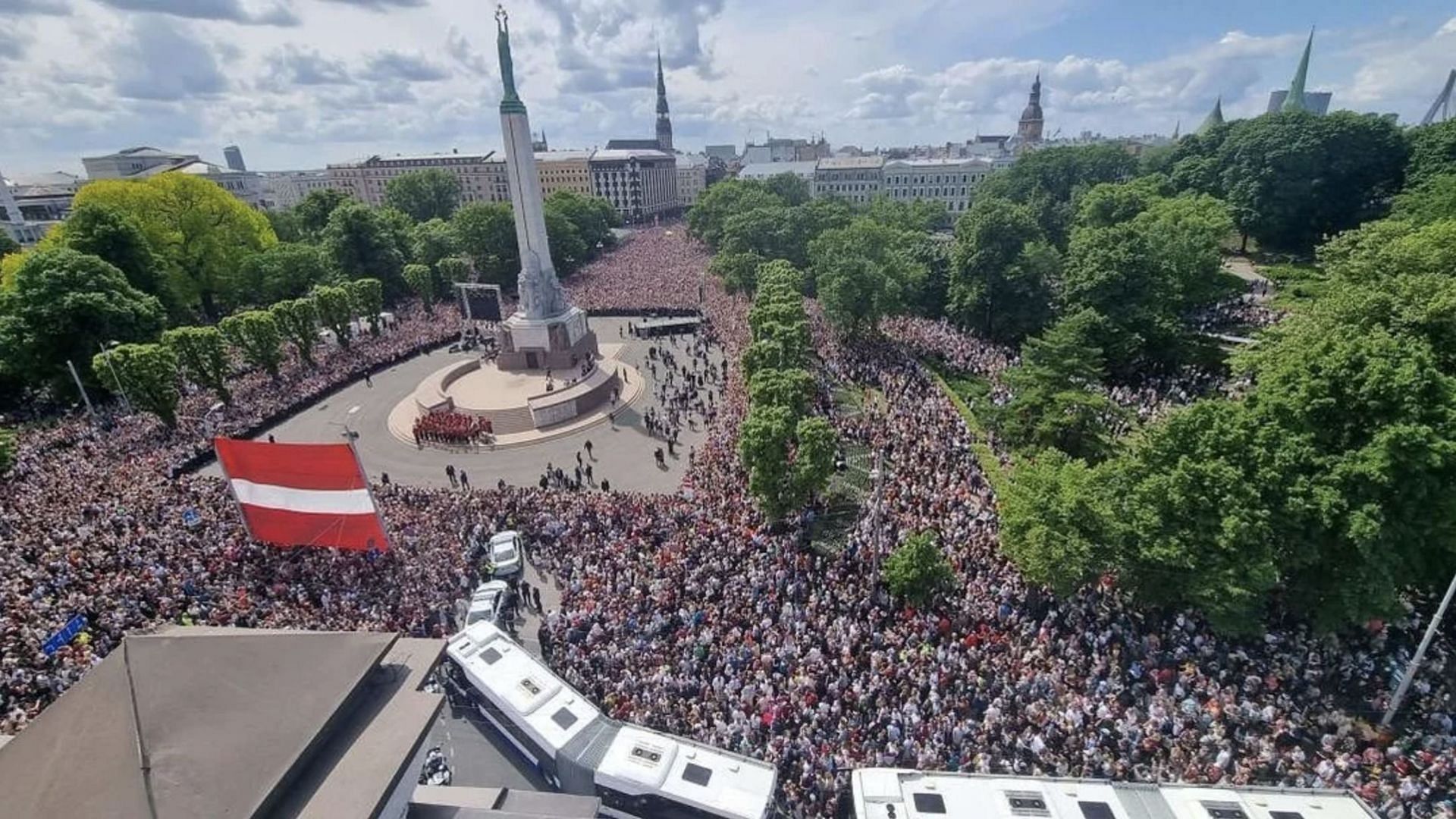 Latvian nationals flooded the streets of Riga, gathering around the iconic Freedom Monument