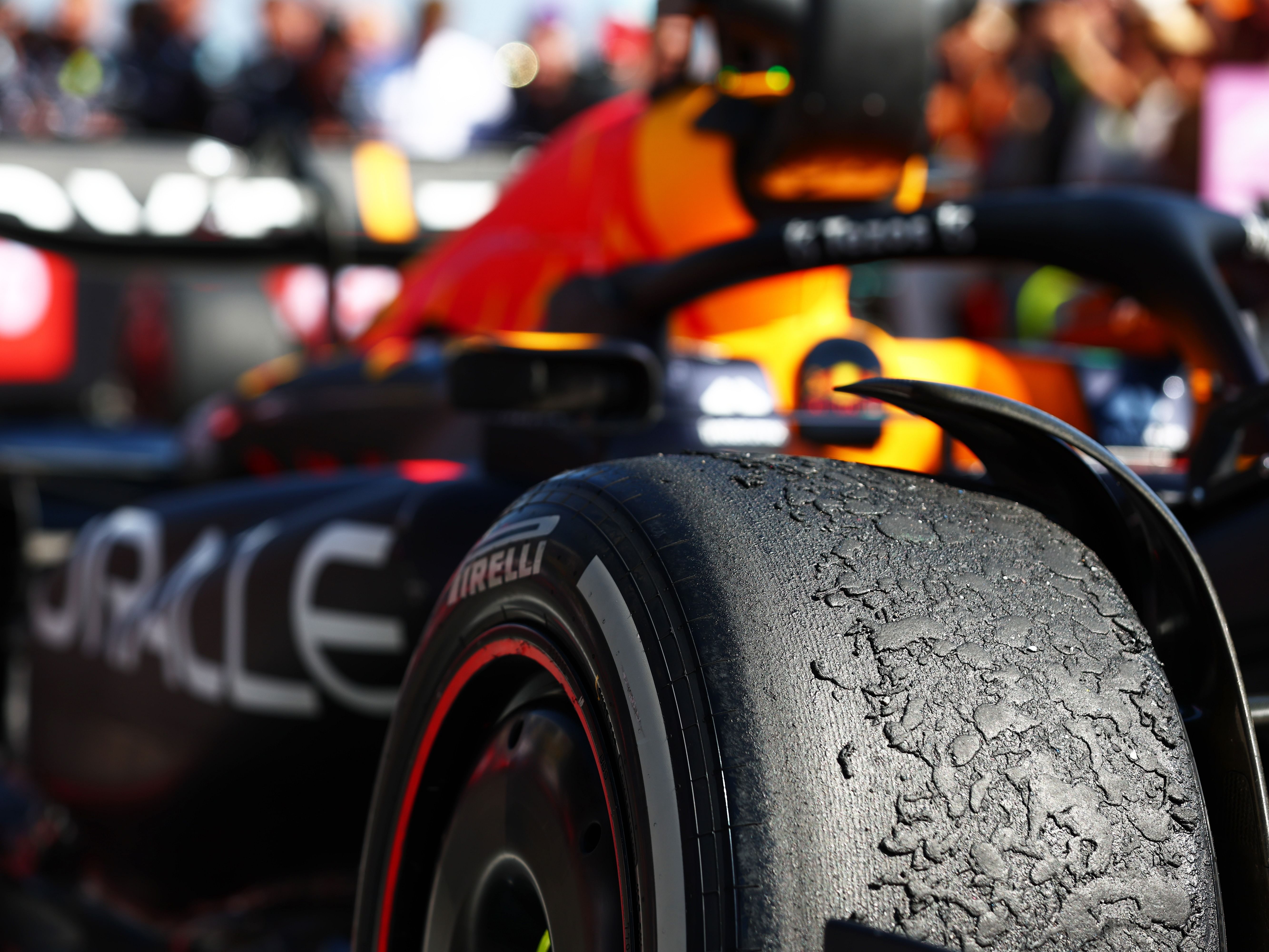 A detail view of the marbles on the front right tyre of Max Verstappen