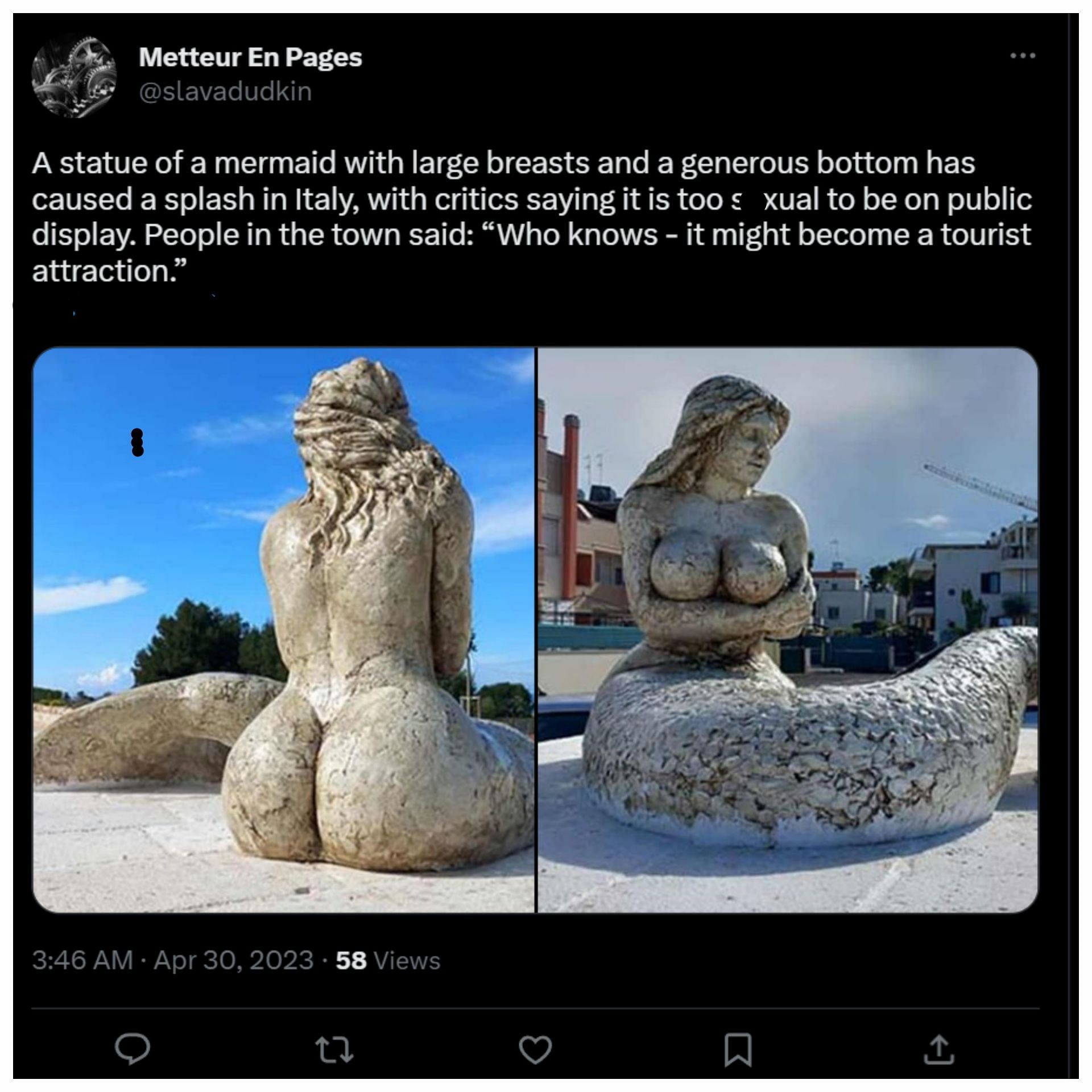 A Twitter commented on the statue&#039;s supposed provocative structure (Image via Twitter/slavadudkin)