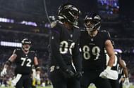 Isaiah Likely #80 of the Baltimore Ravens celebrates a touchdown reception with Mark Andrews #89 against the Pittsburgh Steelers - 2022 NFL regular season