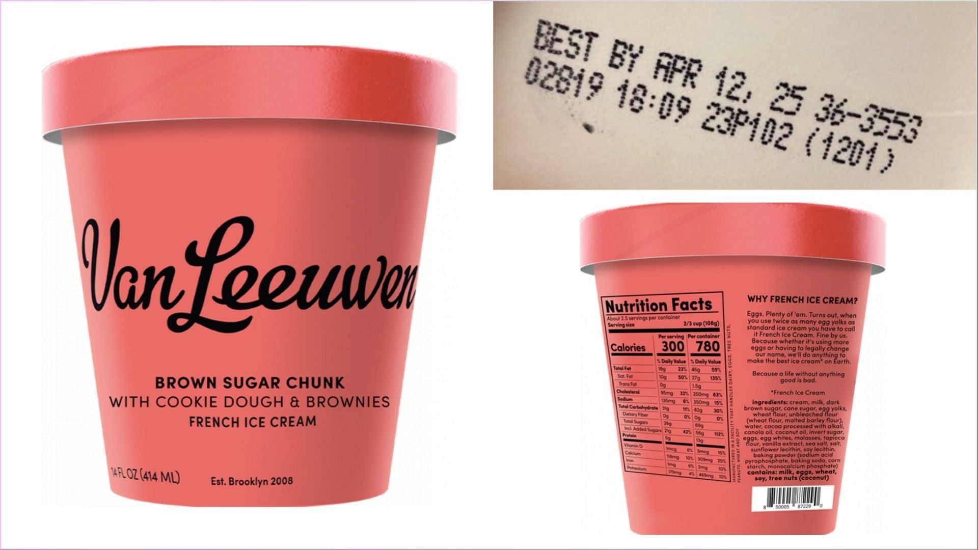 instructions on where to find the lot number and the Best By date on the Van Leeuwen Brown Sugar Chunk Ice Cream pints (Image via FDA)