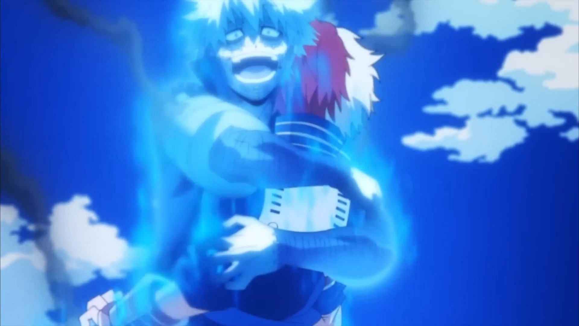 Dabi hugging Shoto in the anime (Image via Bones)