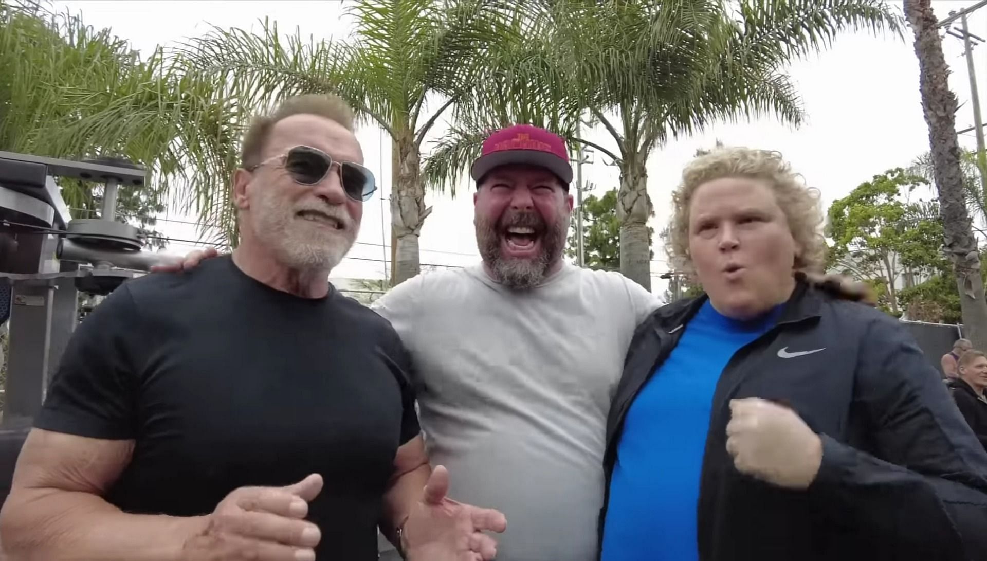 Arnold Schwarzenegger, Bert Kreischer and Fortune Feimster (Image via Arnold Schwarzenegger/YouTube)