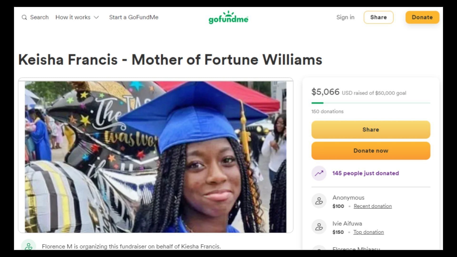 Screenshot of the GoFundMe page of Fortune Williams.