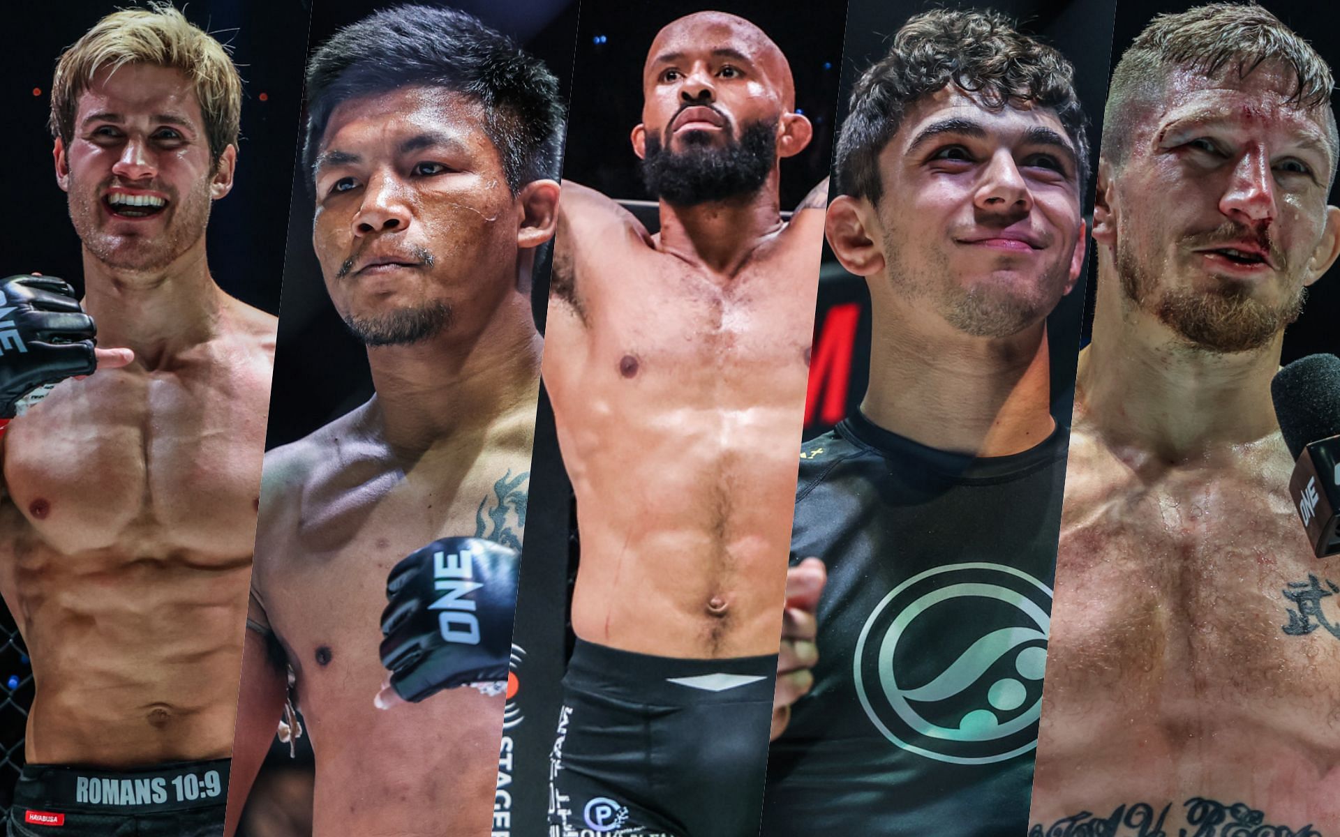 From left to right: Sage Northcutt, Rodtang, Demetrious Johnson, Mikey Musumeci, Zebaztian Kadestam | Photo by ONE Championship