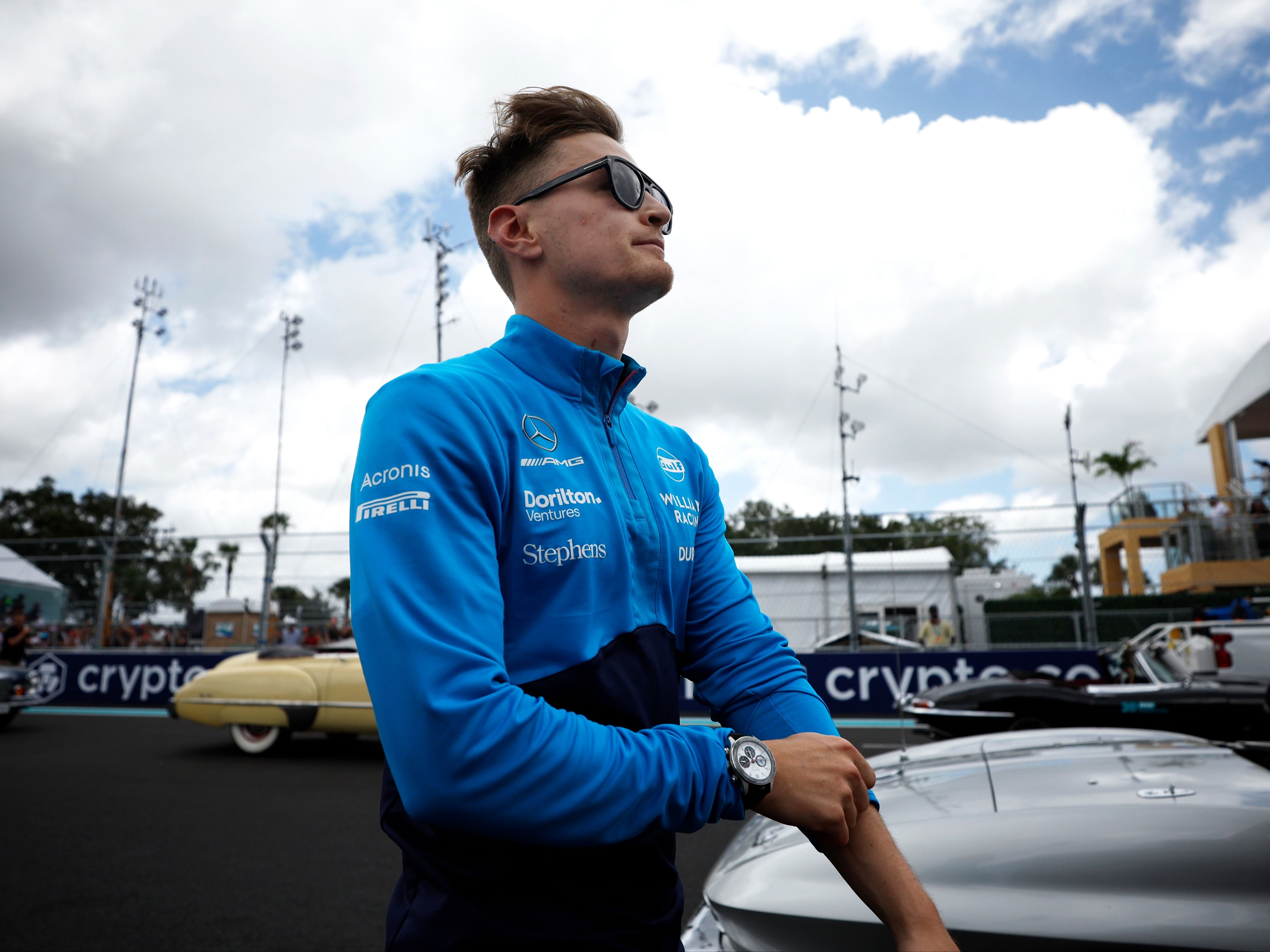Logan Sargeant looks on during the drivers parade before the 2023 F1 Miami Grand Prix. (Photo by Chris Graythen/Getty Images)