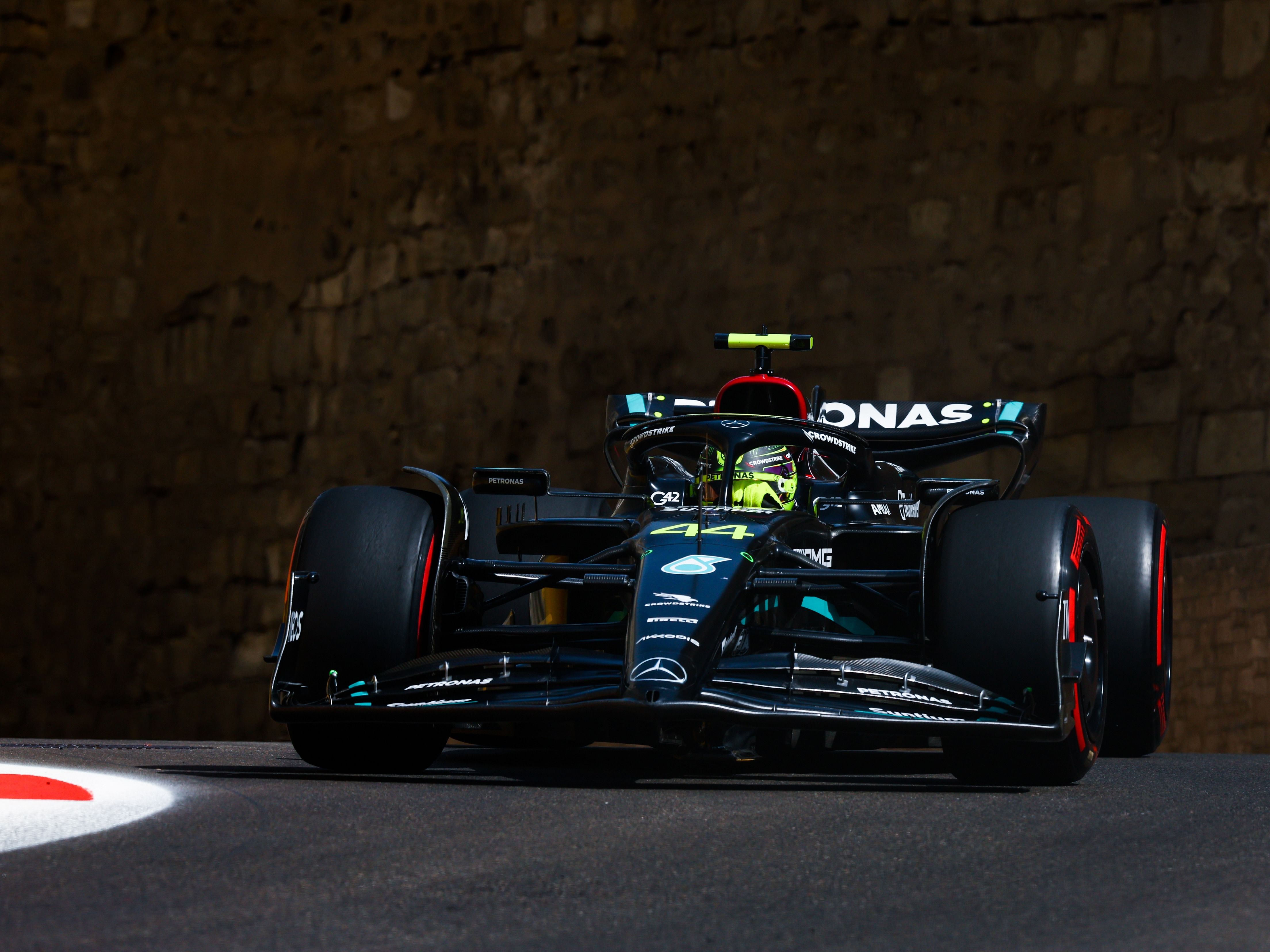 Lewis Hamilton (44) on track on his way to the grid prior to the 2023 F1 AzerbaijanGrand Prix. (Photo by Francois Nel/Getty Images)