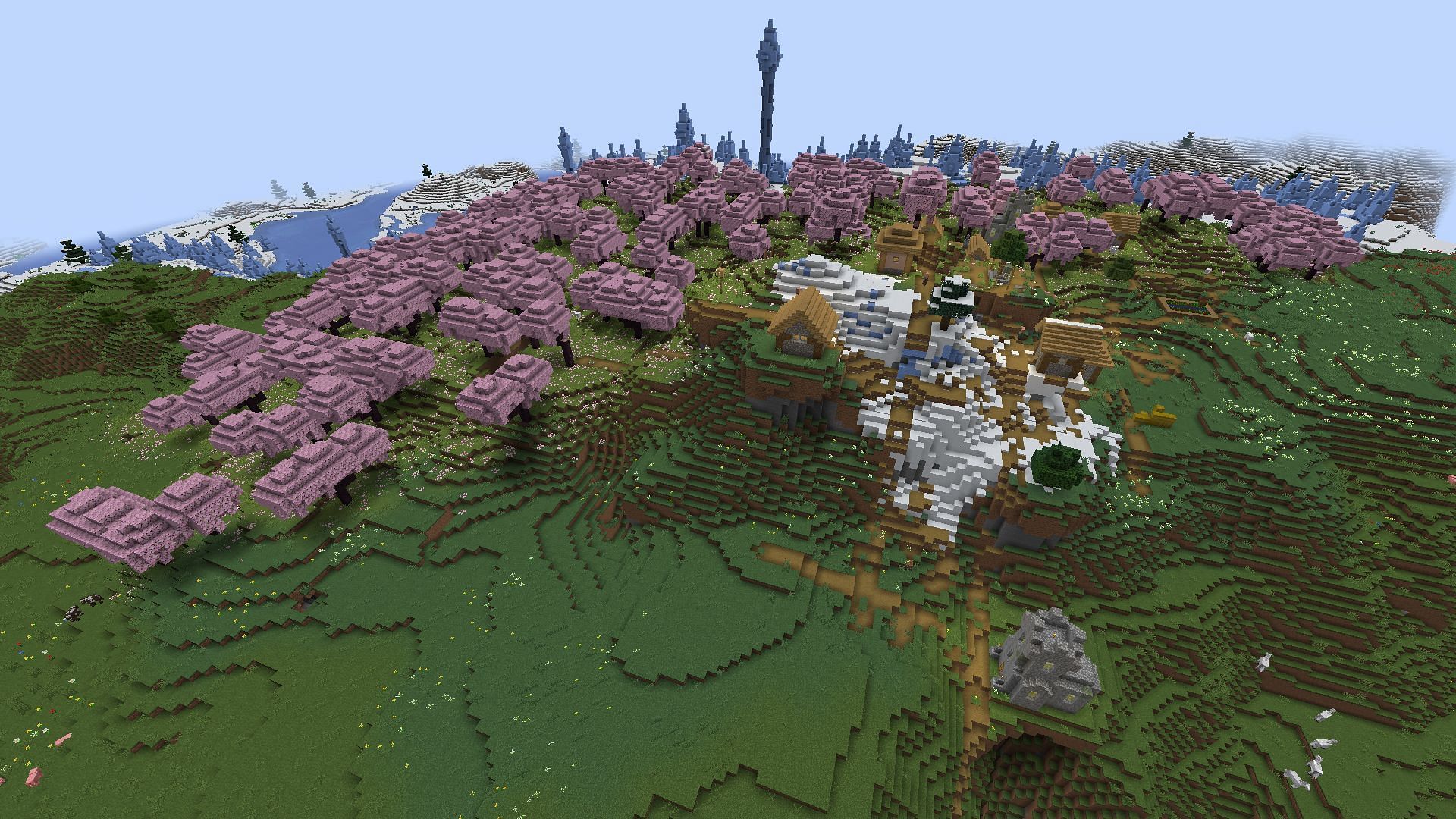 Players need only take a handful of blocks&#039; worth of steps to find a Minecraft village in this seed&#039;s cherry grove (Image via Mojang)