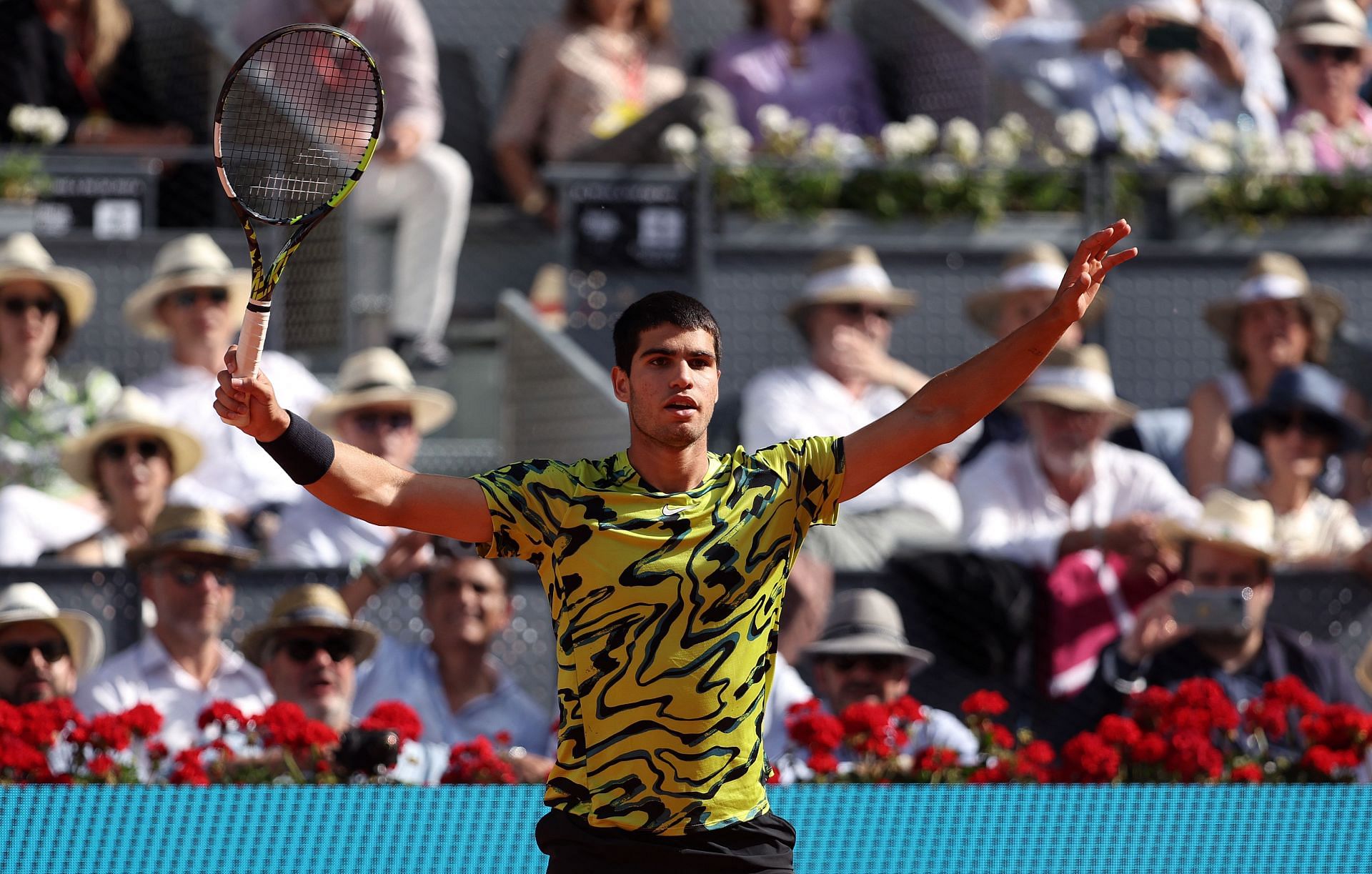 Carlos Alcaraz pictured at the 2023 Mutua Madrid Open - Day Twelve.