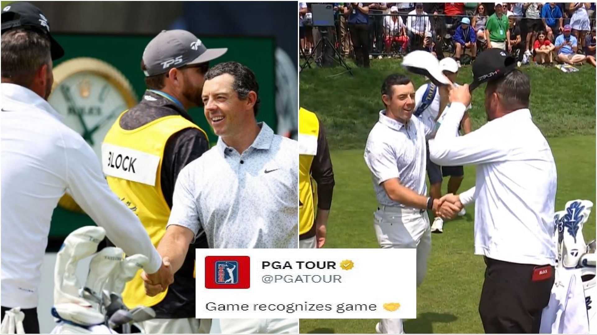 Rory McIlroy and Michael Block shaking hands (via Twitter/@PGATOUR and Getty Imgaes)