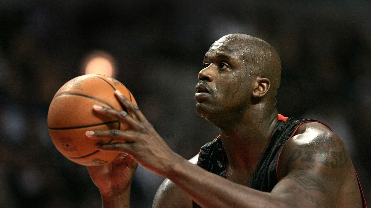NBA legend Shaquille O&rsquo;Neal attempting a free throw