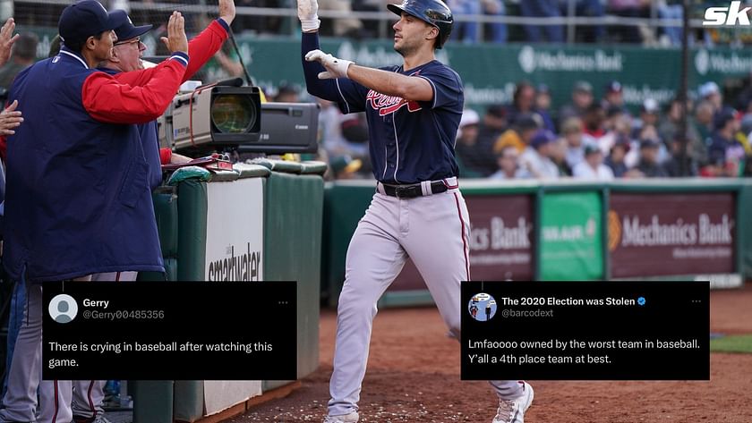 Matt Olson of the Atlanta Braves celebrates hitting a solo homer