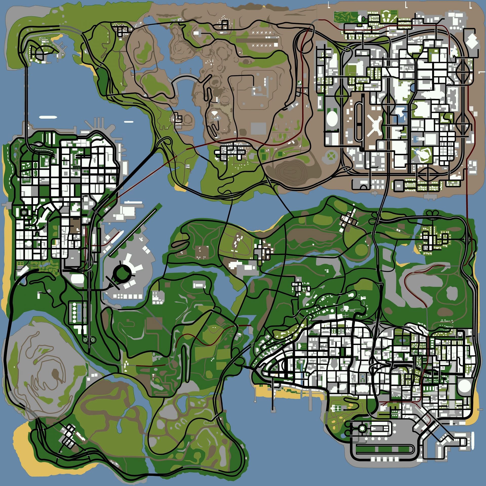 The 3D universe map of the state of San Andreas (Image via GTA Wiki)