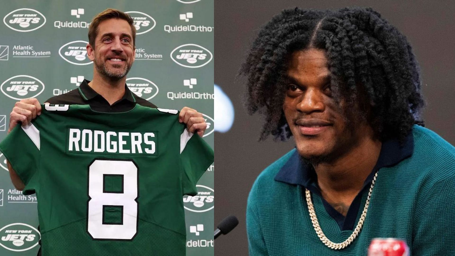 Jets QB Aaron Rodgers (l) and Ravens QB Lamar Jackson (r) will be on primetime this upcoming season