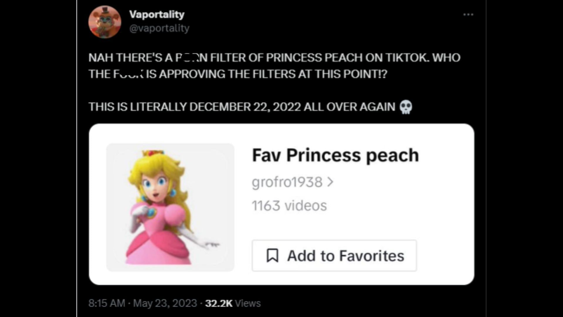 Screenshot of a Twitter user remarking on the latest princess peach filter on TikTok.