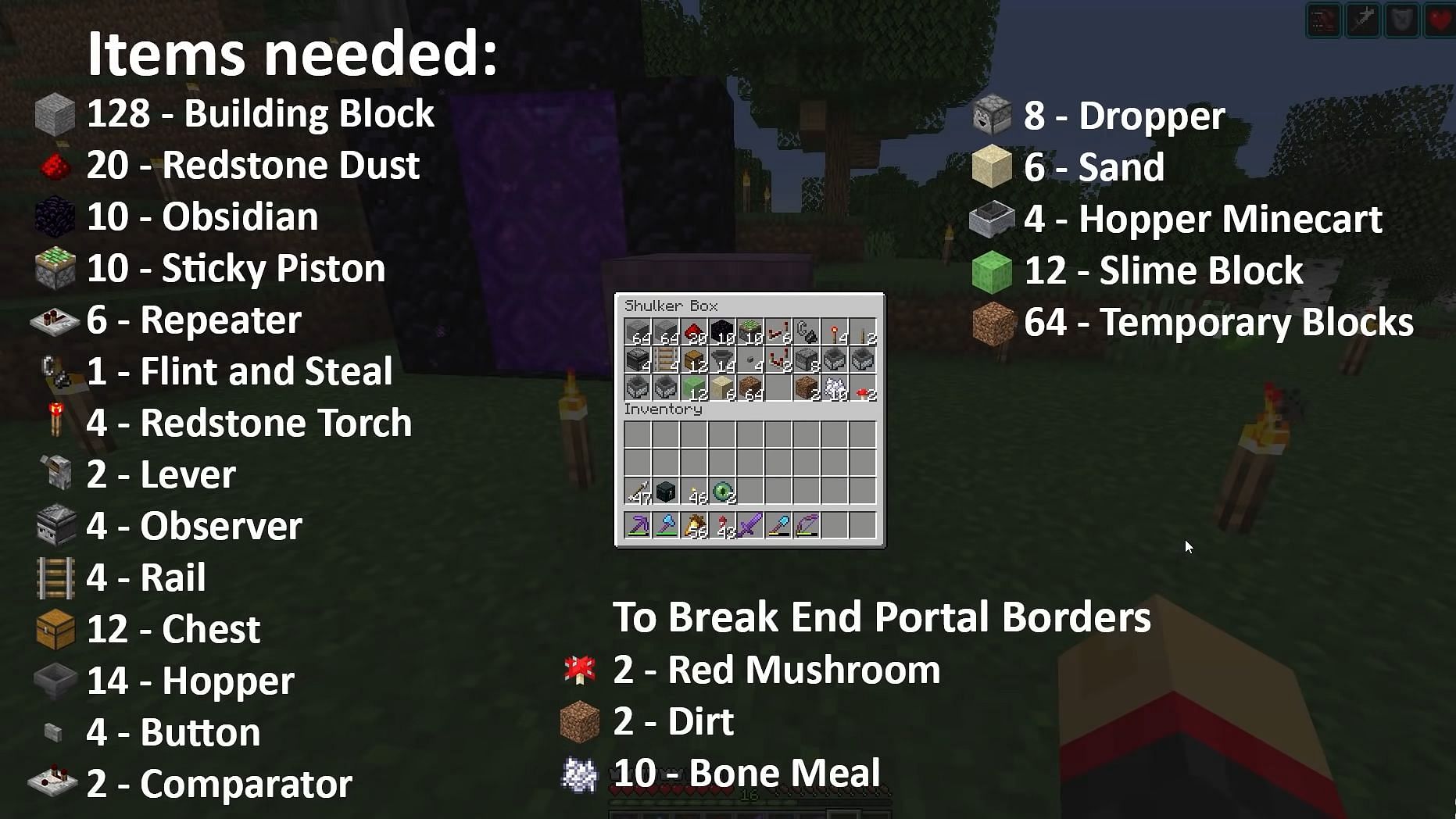 Items needed to build the sand duper farm in Minecraft (Image via YouTube / Shulkercraft)