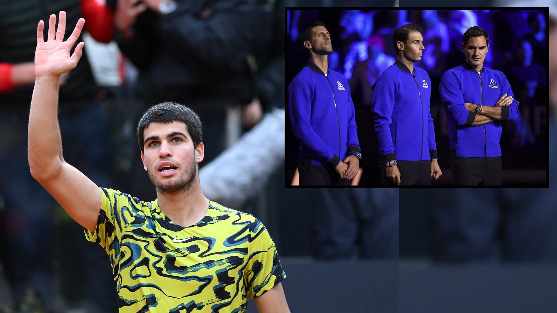 Carlos Alcaraz (L) and the trio of Novak Djokovic, Rafael Nadal and Roger Federer (inset).