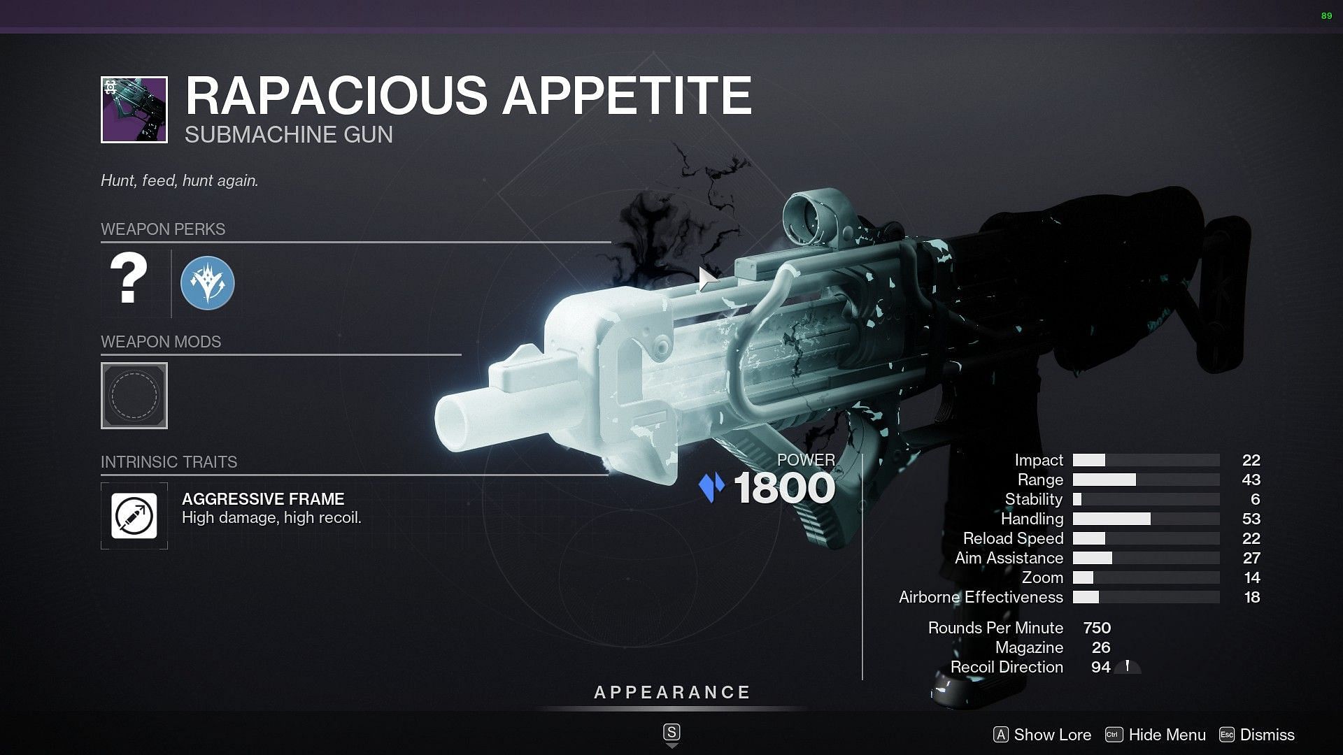 Rapacious Appetite with basic stats (Image via Destiny 2)