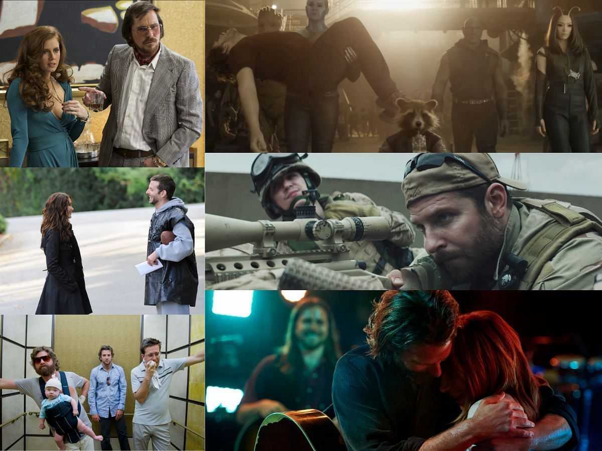 Collage of scenes from Bradley Cooper movies (images via IMDB)