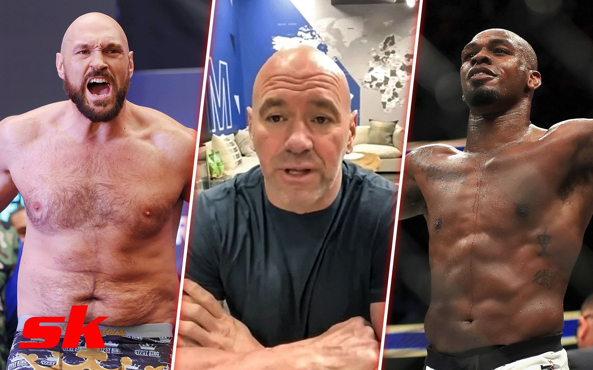 Tyson Fury (Left); Dana White (Middle); Jon Jones (Right) [*Image courtesy: left and right images via Getty Images; middle image via BroBible YouTube channel]