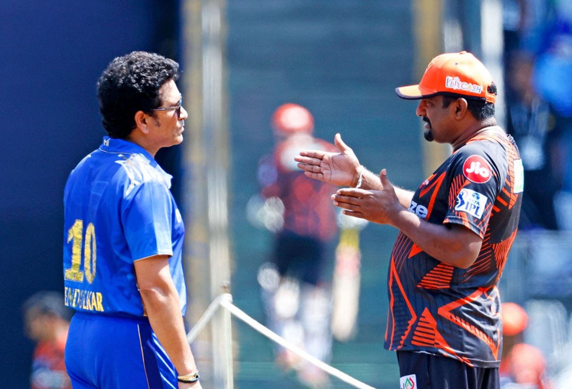 Sachin Tendulkar and Muttiah Muralitharan at the Wankhede Stadium. 