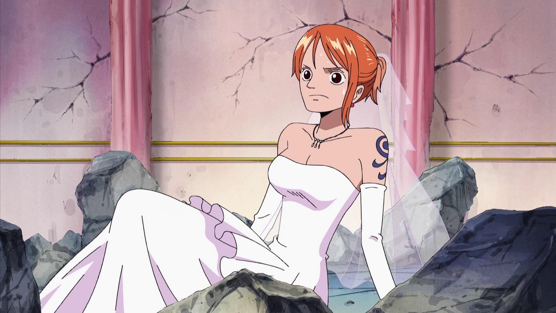 Nami in her wedding dress as seen in Thriller Bark (Image via Toei Animation, One Piece)