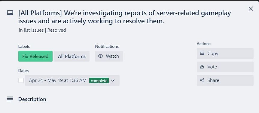 Issue resolved (Image via Warzone 2 Trello Board)