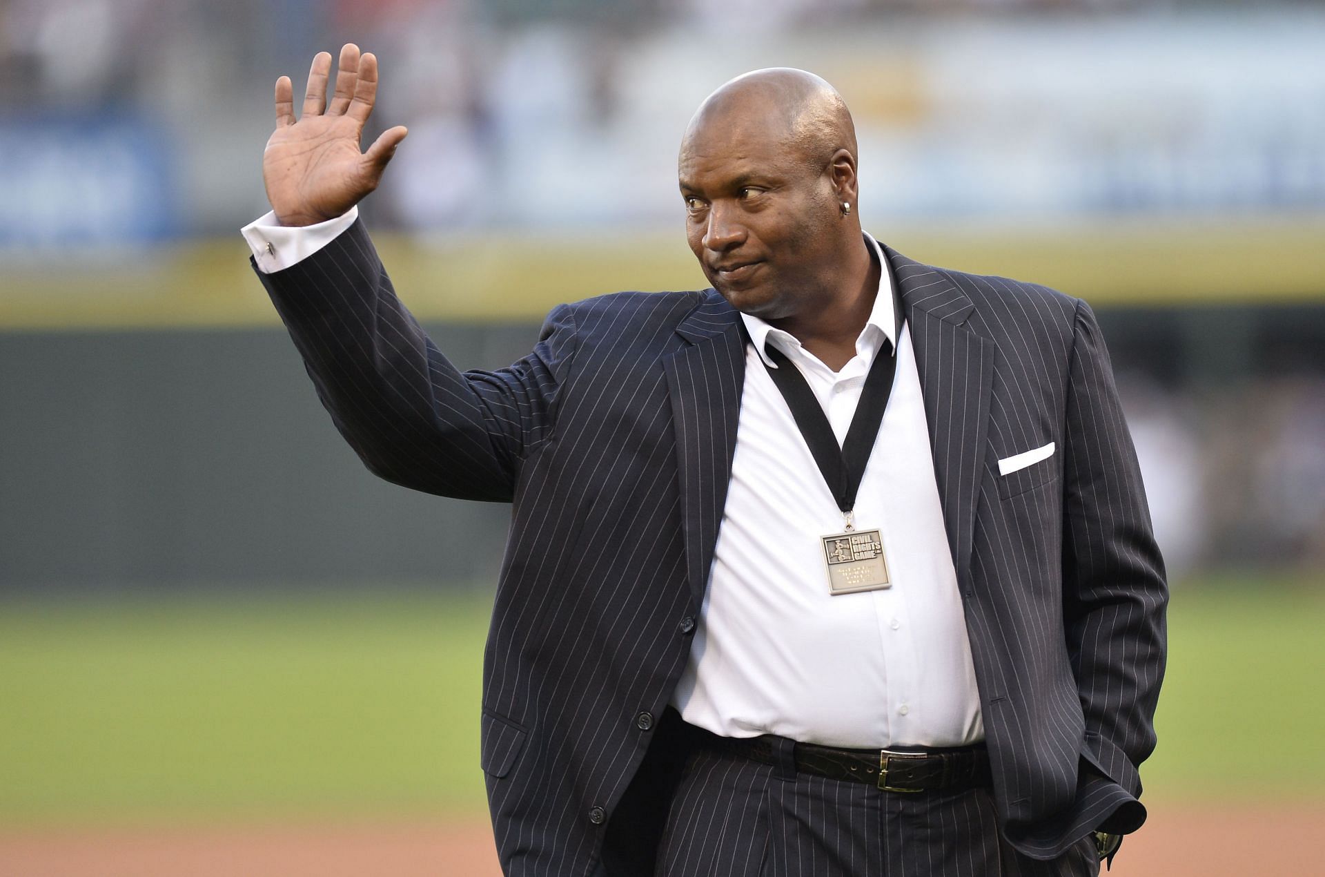 Former Chicago White Sox and Kansas City Royals player and Heisman Trophy winner Bo Jackson waves to the crowd at U.S. Cellular Field