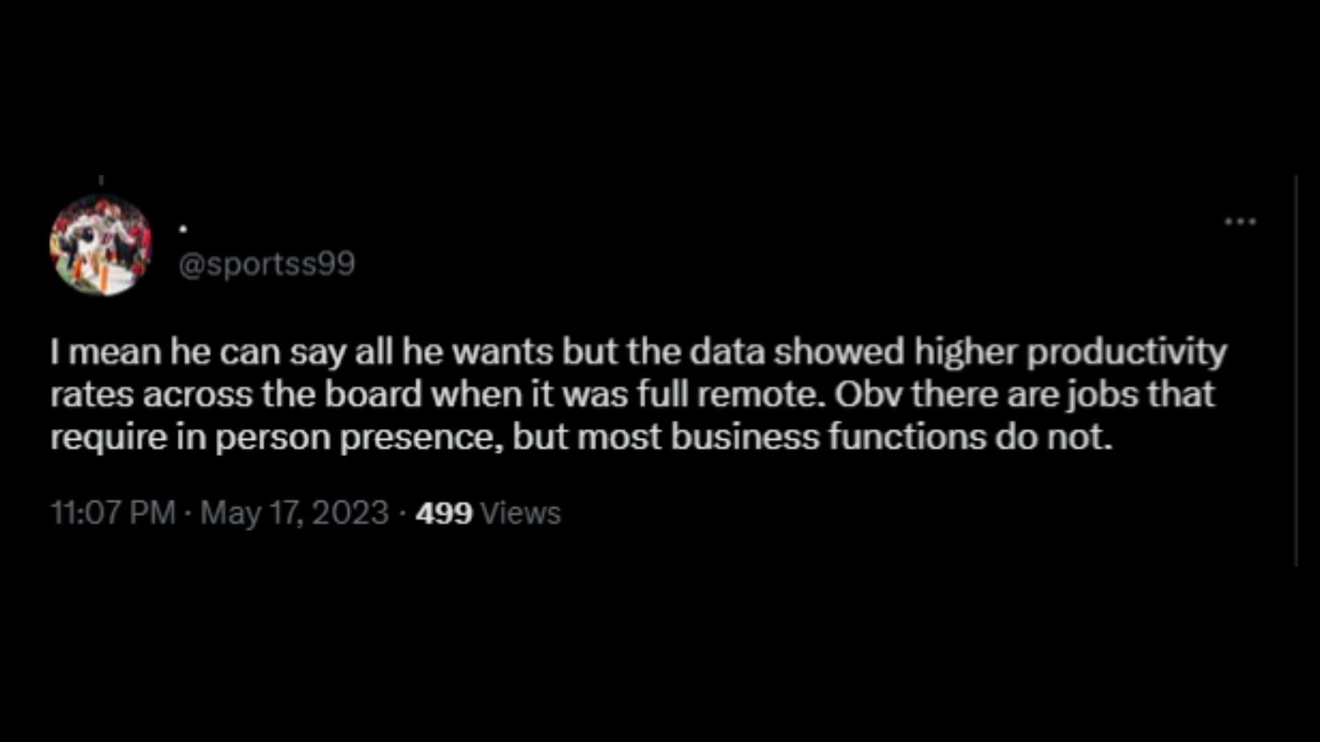 Screenshot of a Twitter user remarking on Musk&#039;s work-from-home comment. (Image via @RapTV/Twitter)