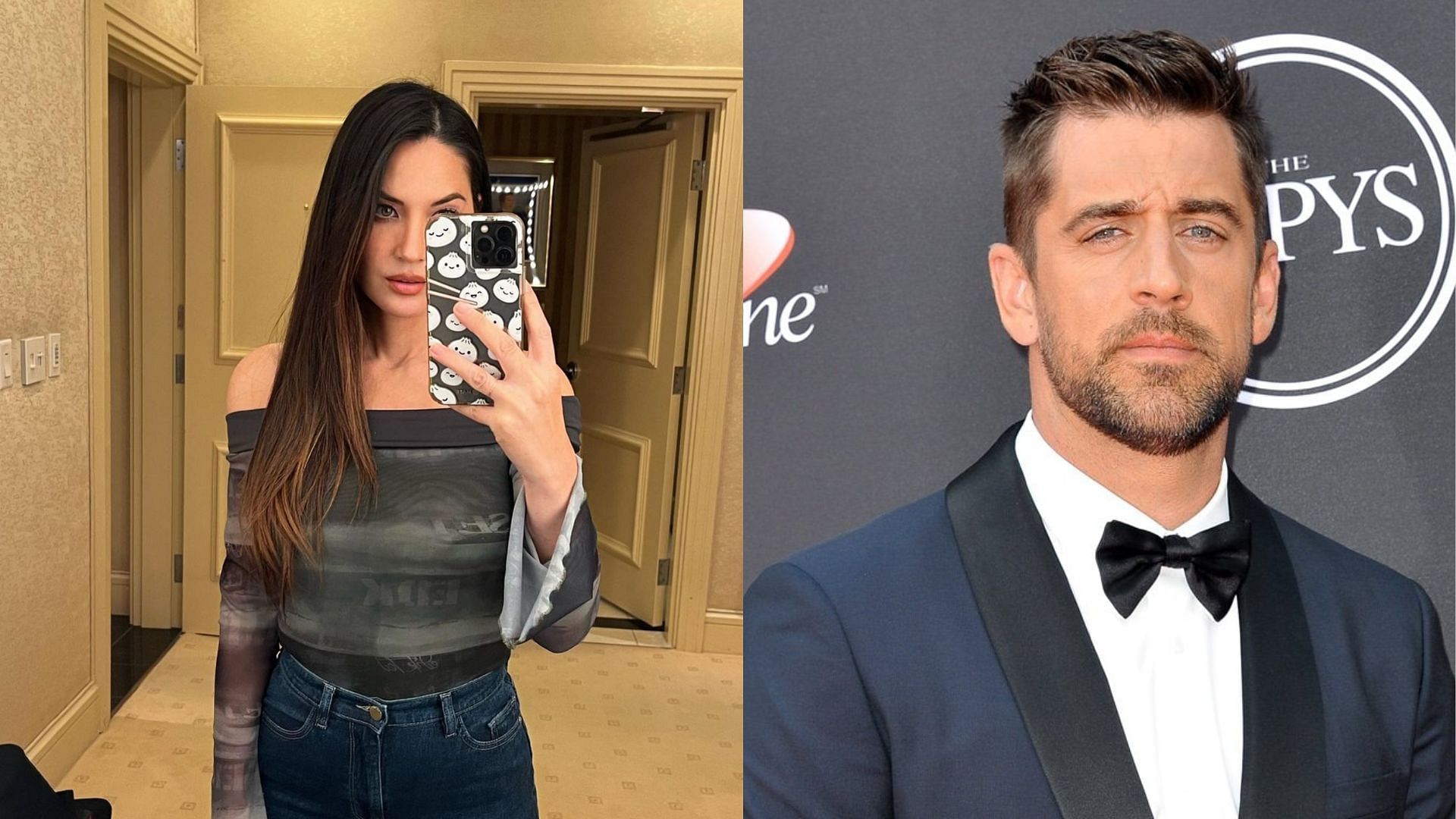 Olivia Munn (L) addressed the troll when it came to her then-boyfriend, Jets QB Aaron Rodgers (R)