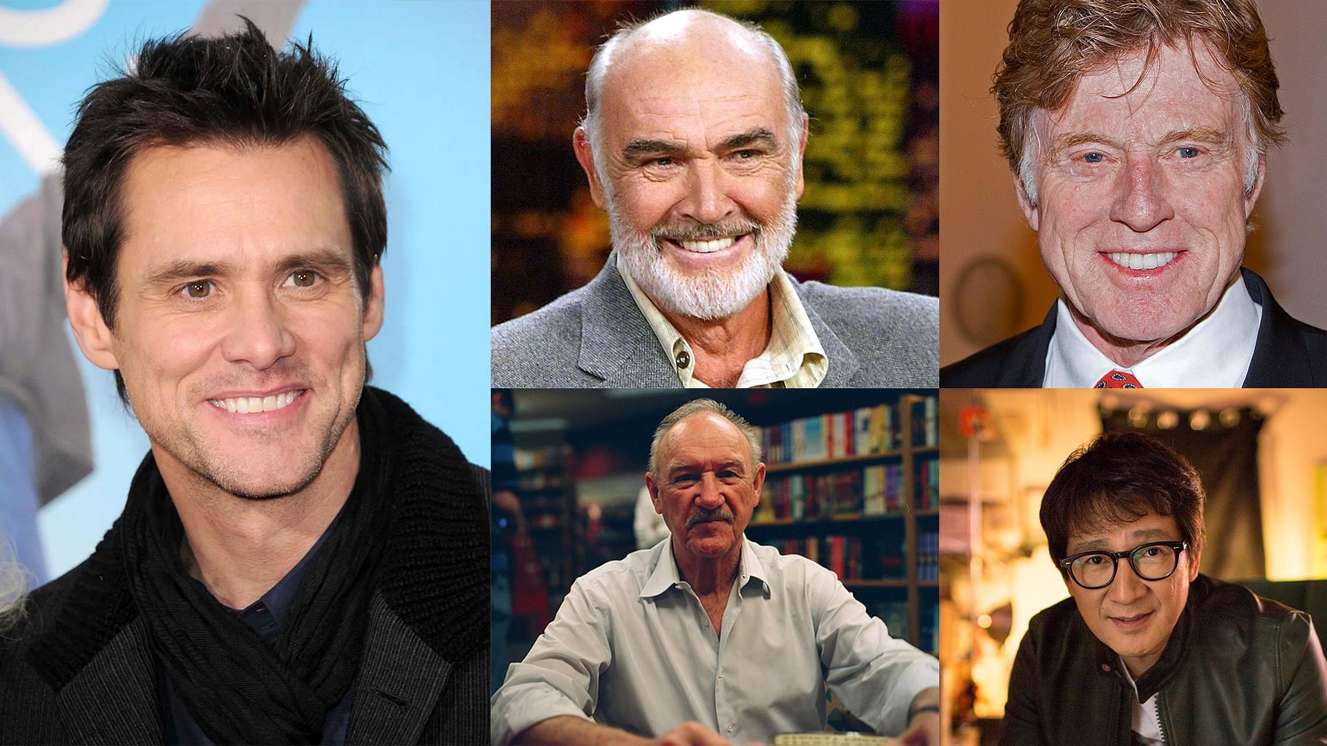 Jim Carrey, Sean Connery, Gene Hackman, Robert Redford, Ke Huy Quan - Image source via Shutterstock, Getty, Wikipedia, Wiki, and IMDb
