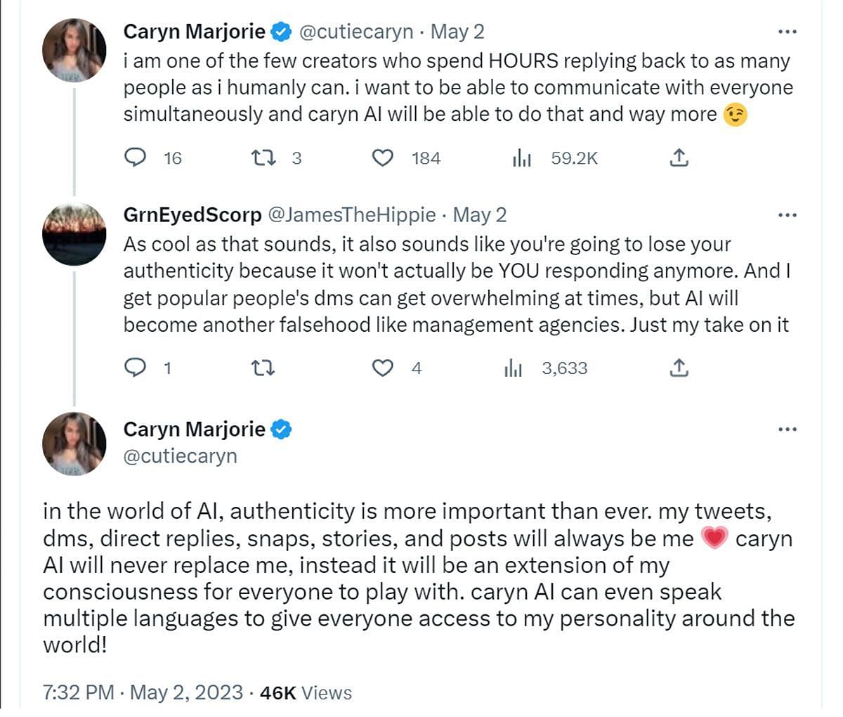 Caryn Marjorie commenting on questions about authenticity (Image via Twitter/ @cutiecaryn. @JamesTheHippie)