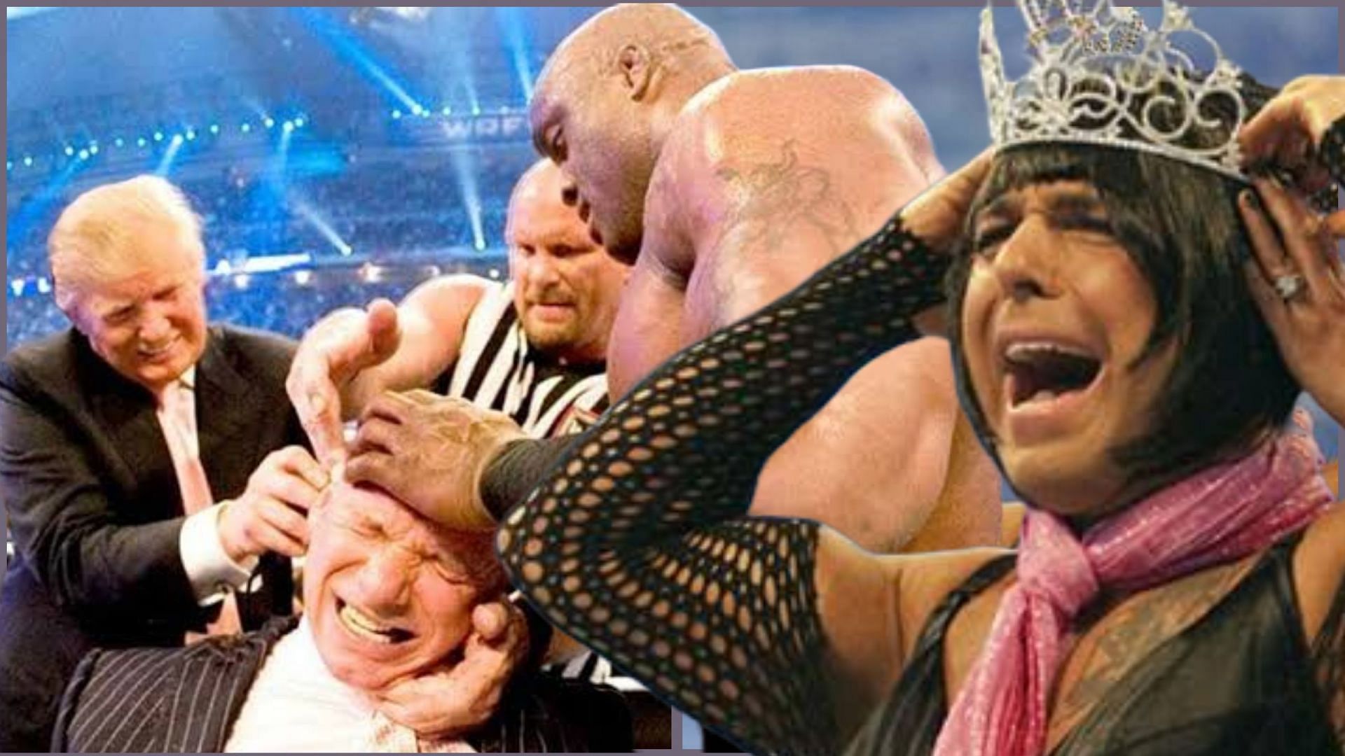 Vince McMahon being shaved (L); Santina Marella wins Miss WrestleMania (R).