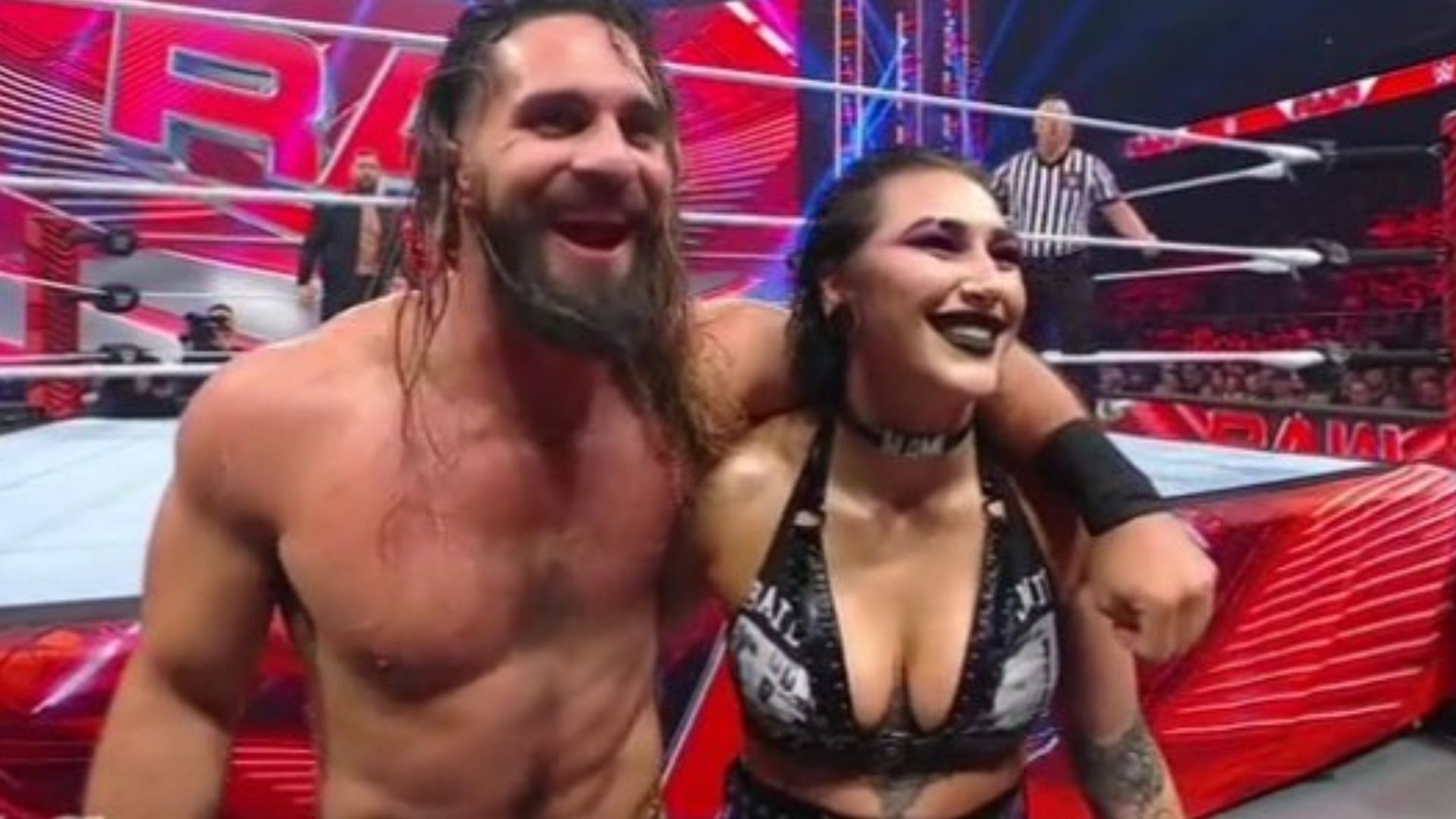 Seth Rollins and Rhea Ripley as seen on WWE RAW this week.