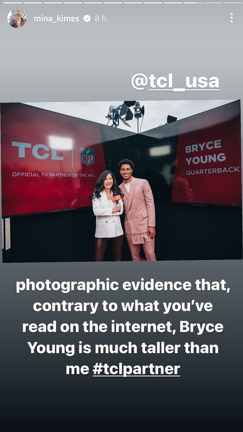 Bryce Young is indeed taller than Mina Kimes (Image courtesy of Kimes' Instagram account)