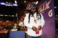 Marshawn Lynch during Super Bowl XLIX Media Day Fueled by Gatorade