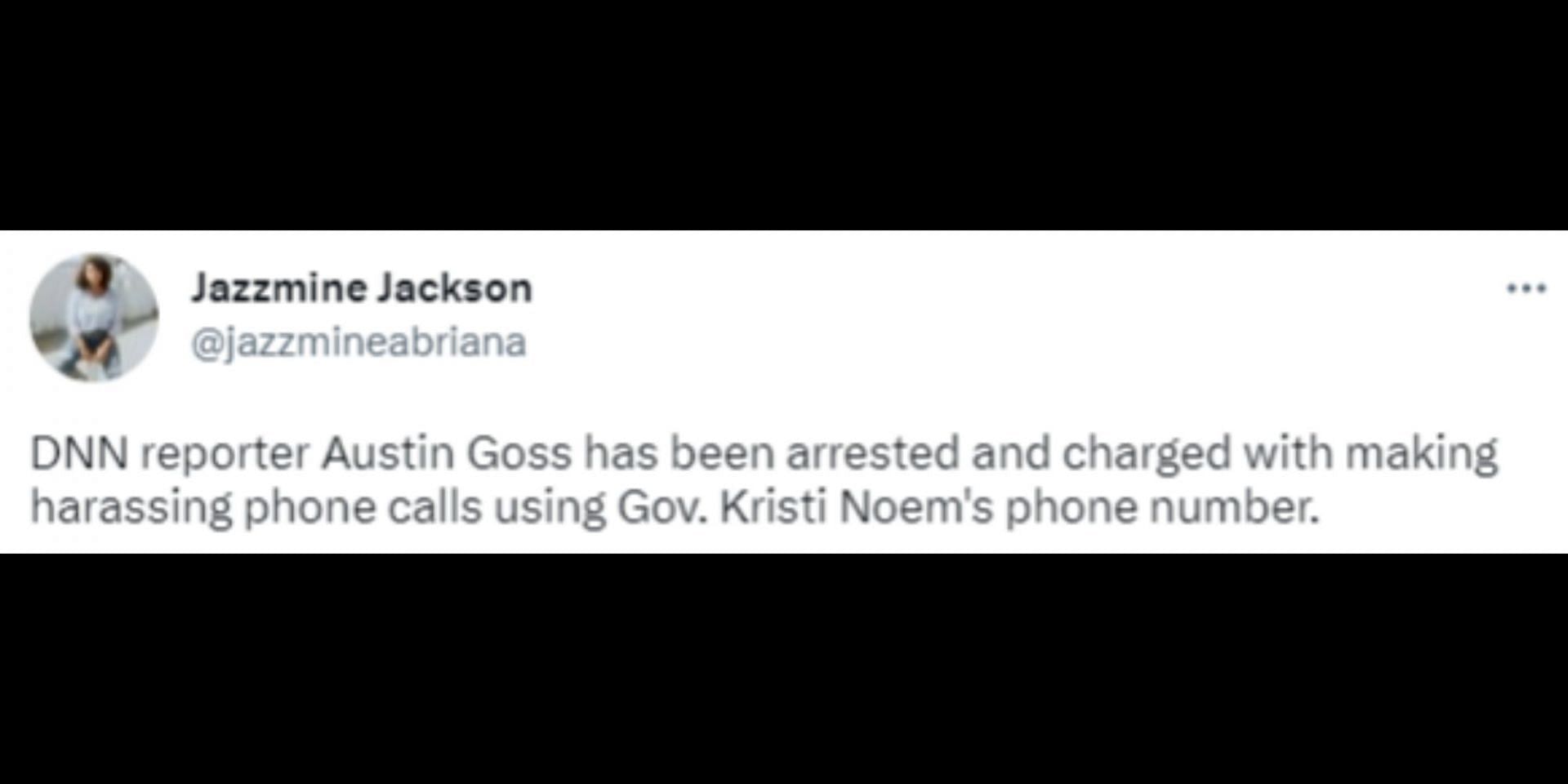 Austin Goss was arrested after involving Governor Kristi Noem&#039;s number to make a prank call. (Image via Twitter/@jazzmineabriana)