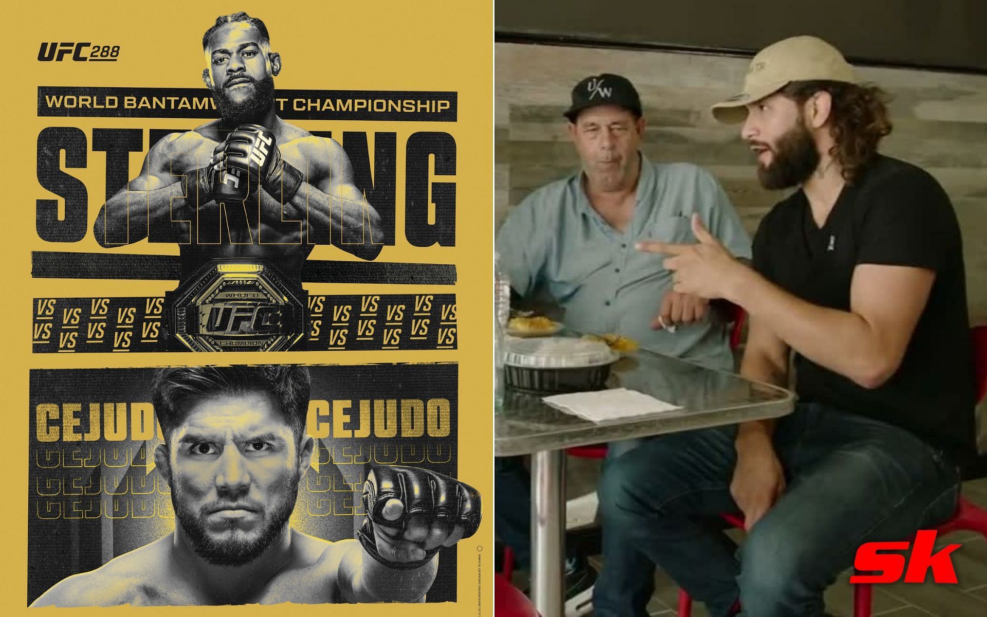 UFC 288 poster (left - via @MMAArena), Jorge Masvidal with his father (right - via ESPN