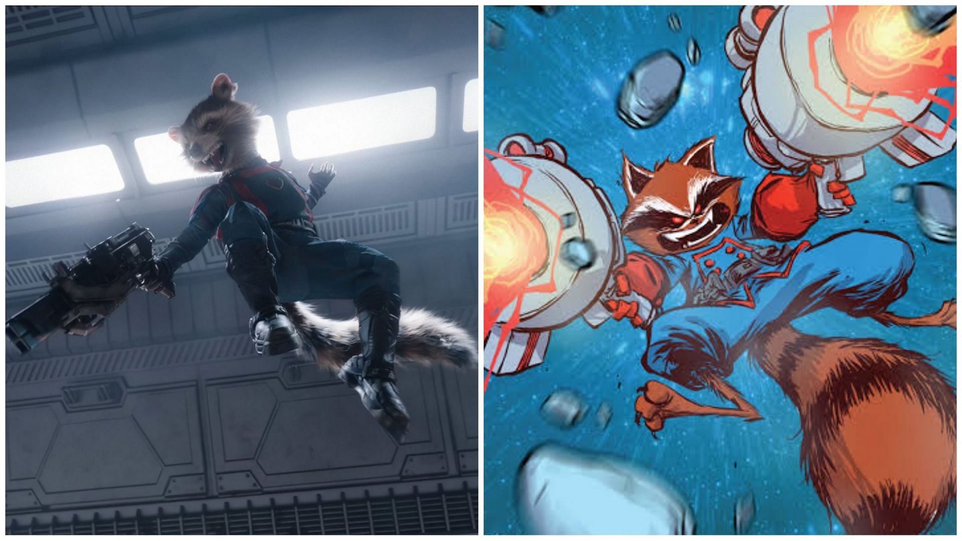 Rocket Raccoon in Guardians of the Galaxy Vol. 3 and the comics (Images via Marvel Studios and Marvel Comics)