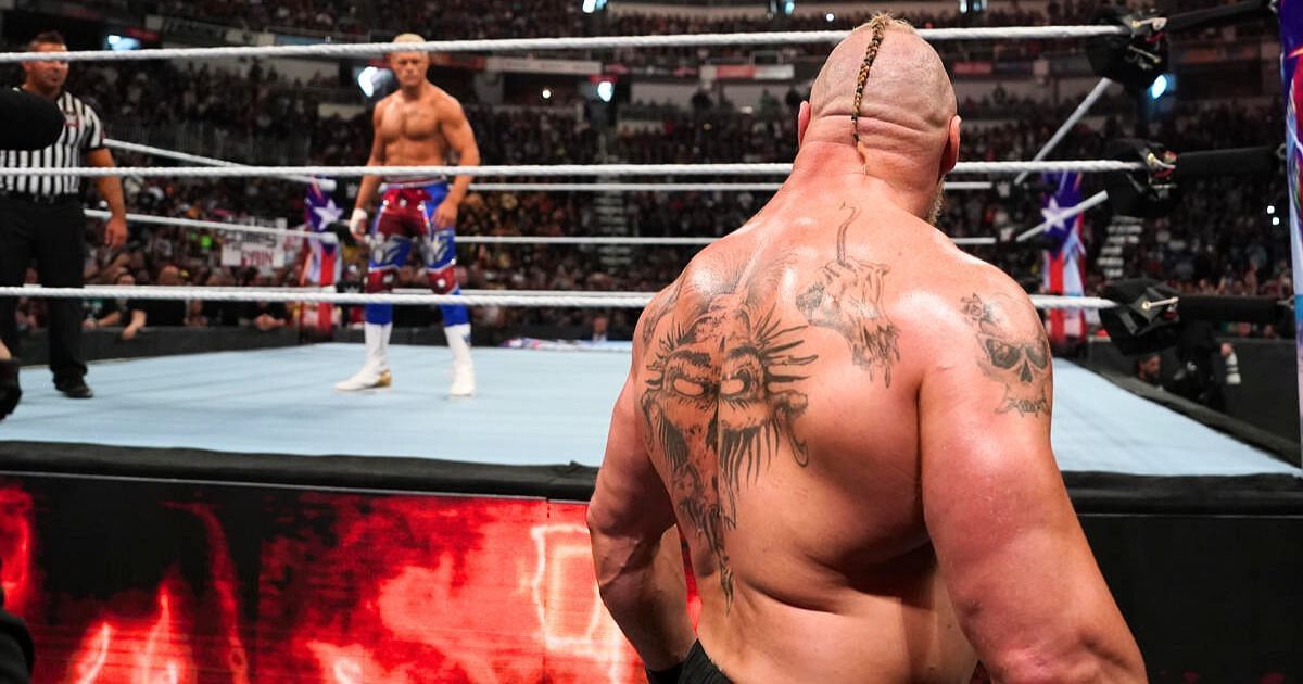 Brock Lesnar staring down Cody Rhodes during his entrance at Backlash.