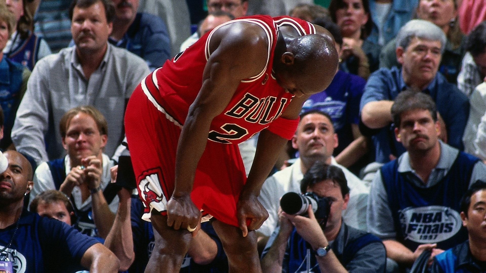 Chicago Bulls legend Michael Jordan during his iconic &ldquo;Flu Game&rdquo; in Game 5 of the 1997 NBA Finals against the Utah Jazz