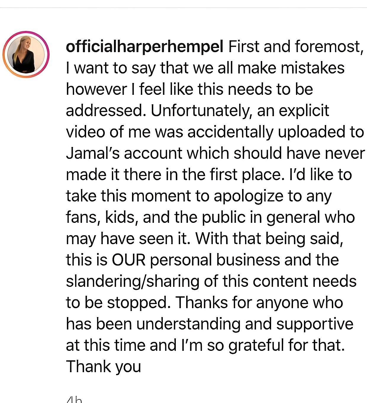 Hempel apologizes on Instagram