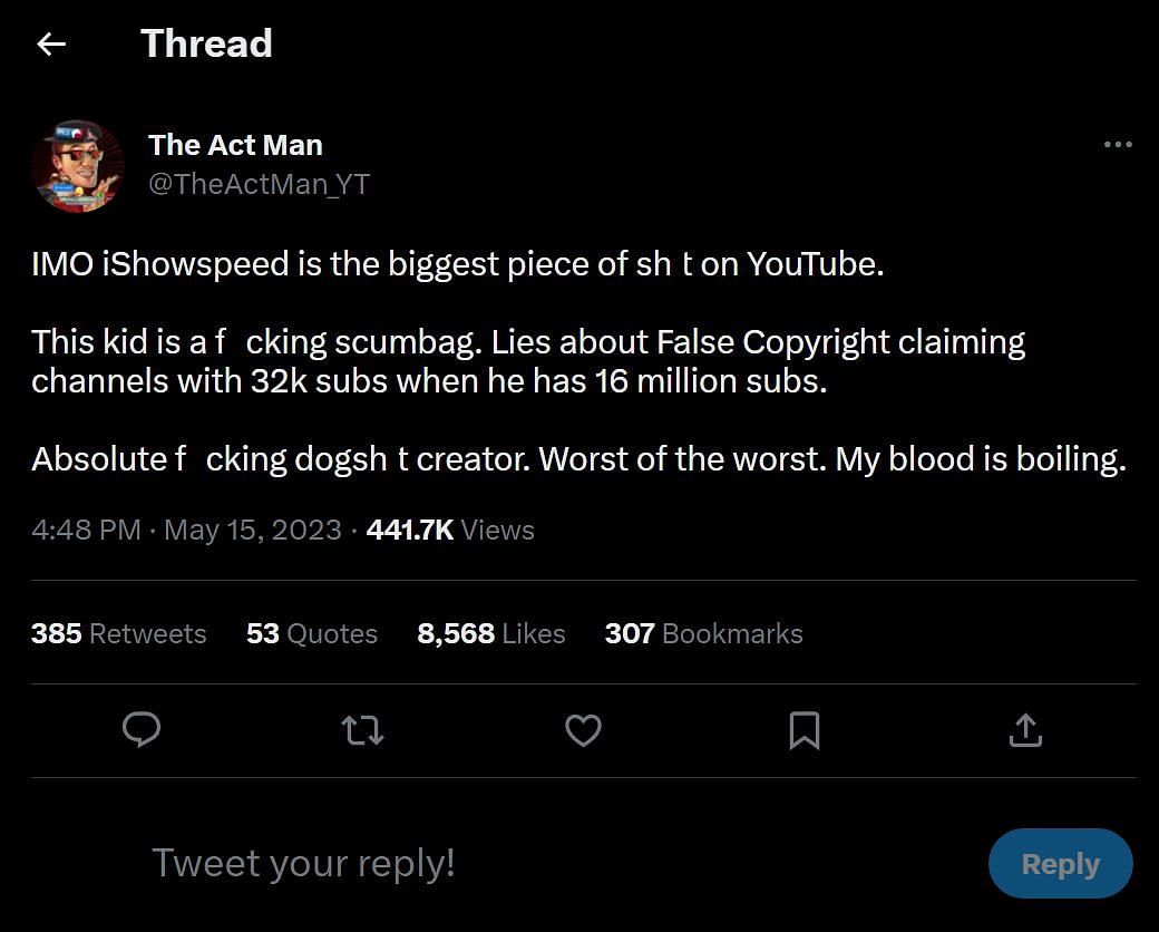 The post where he calls out the fellow YouTuber (Image via Twitter)