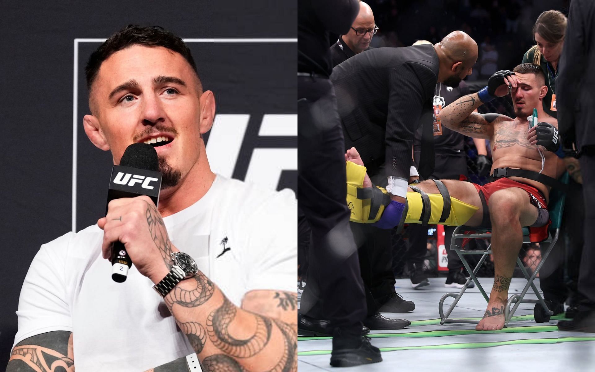 Tom Aspinall (left) and Aspinall after hurting his knee at UFC London last year (right)