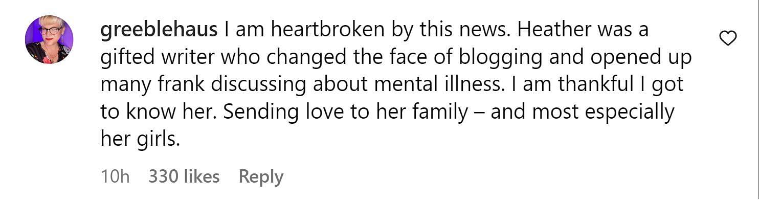 A comment paying tribute to Heather (Image via Instagram /@greeblehaus)