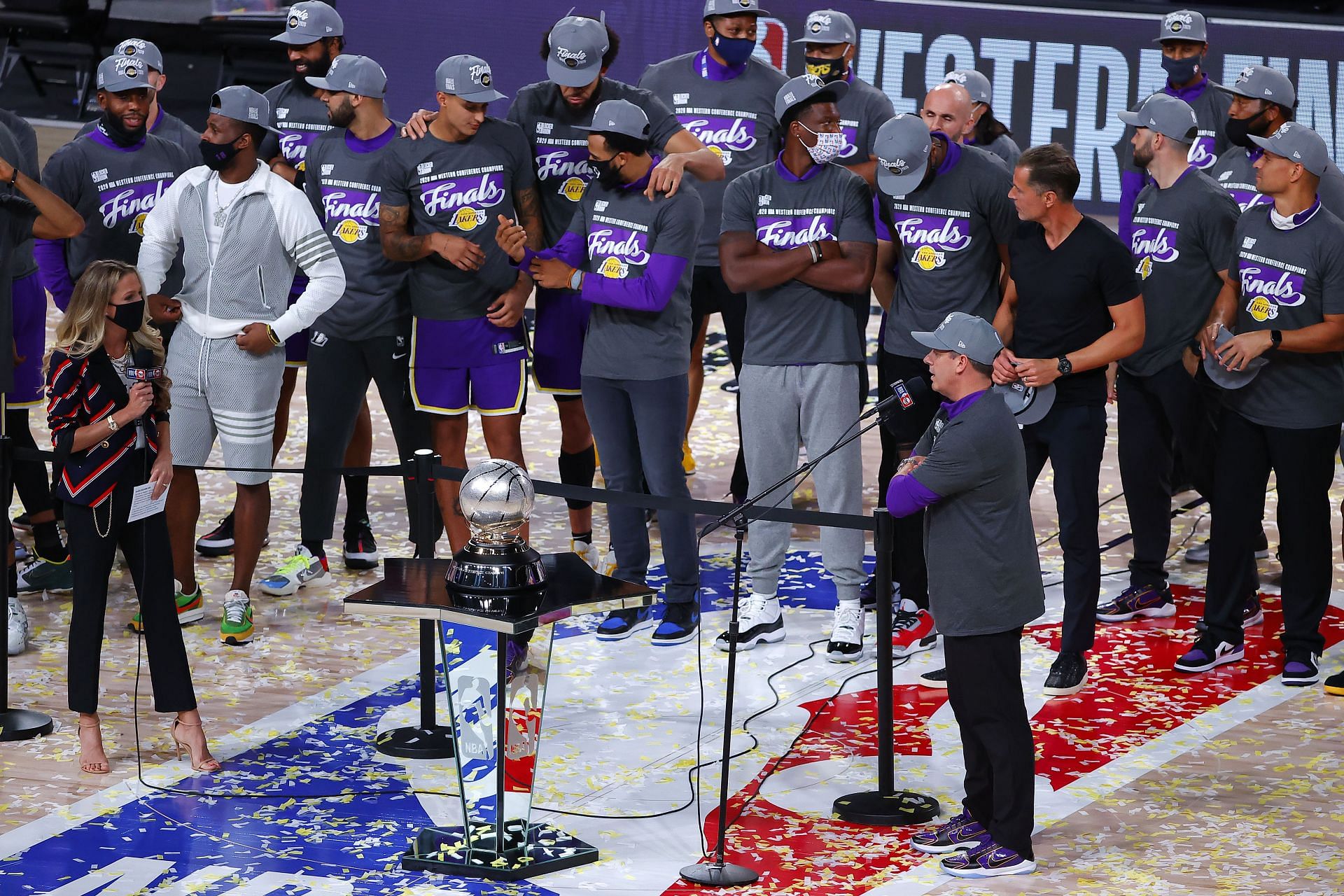 The LA Lakers celebrate the 2020 NBA title.