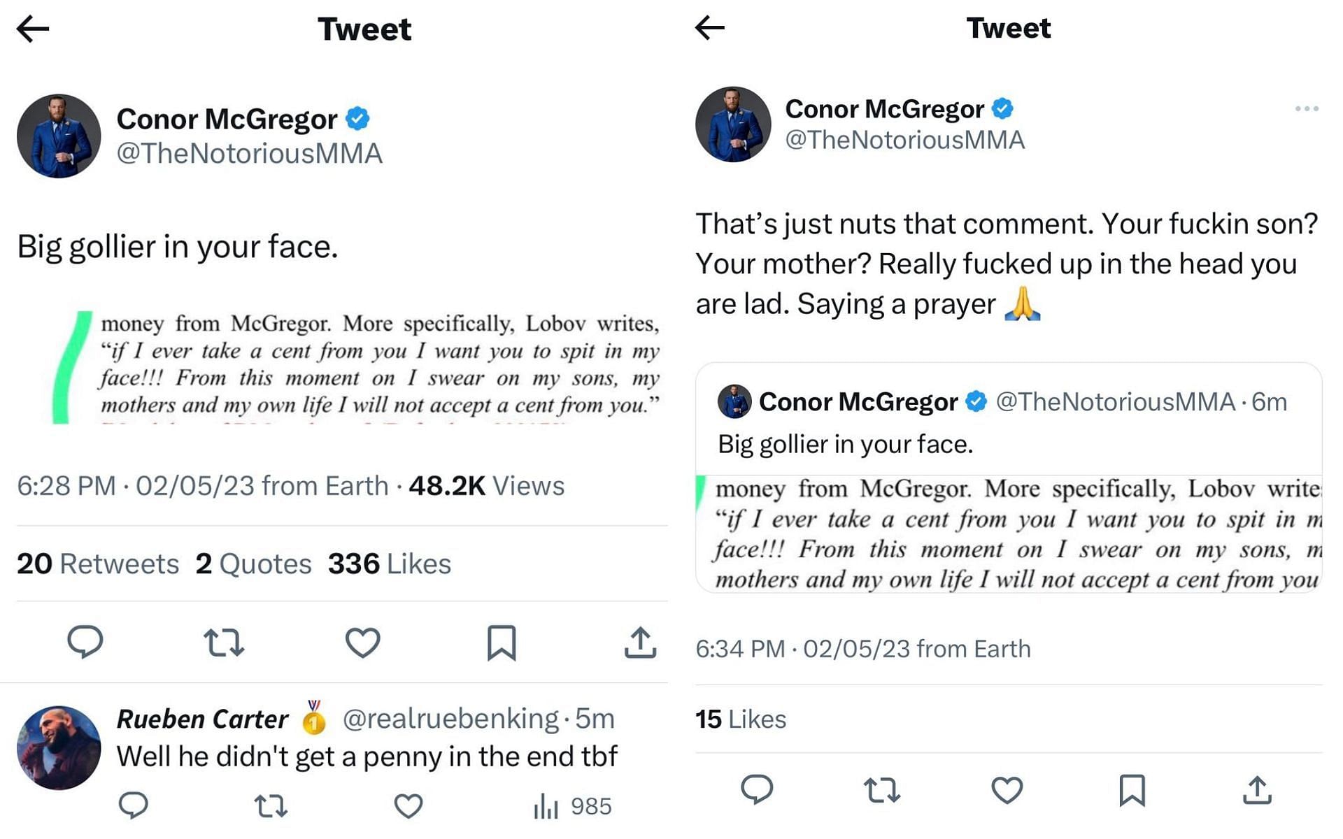 Screenshots of Conor McGregor&#039;s deleted tweets
