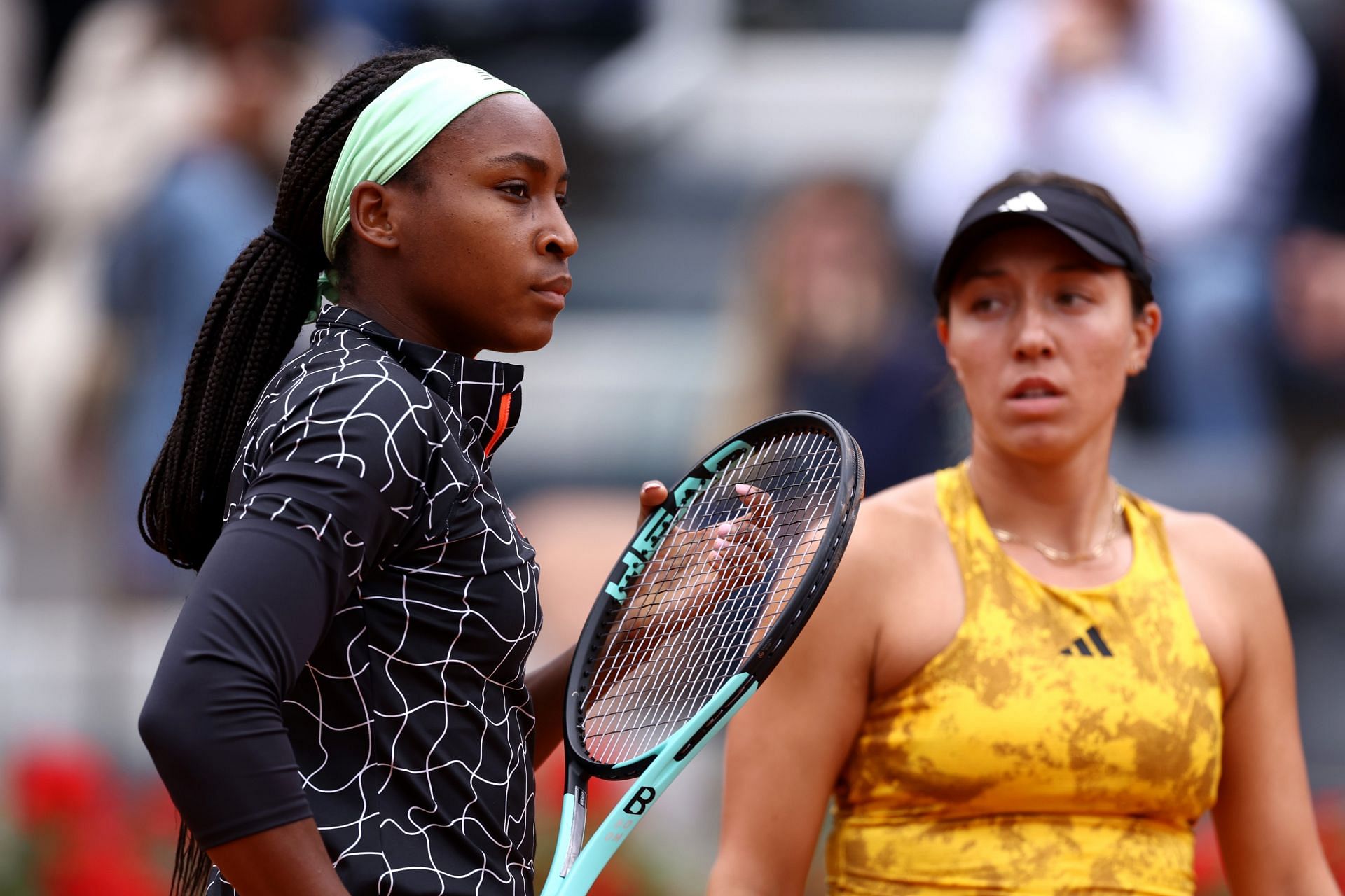 Coco Gauff and Jessica Pegula in conversation during their women&#039;s doubles semi-final match against Demi Schuurs and Desirae Krawczyk.