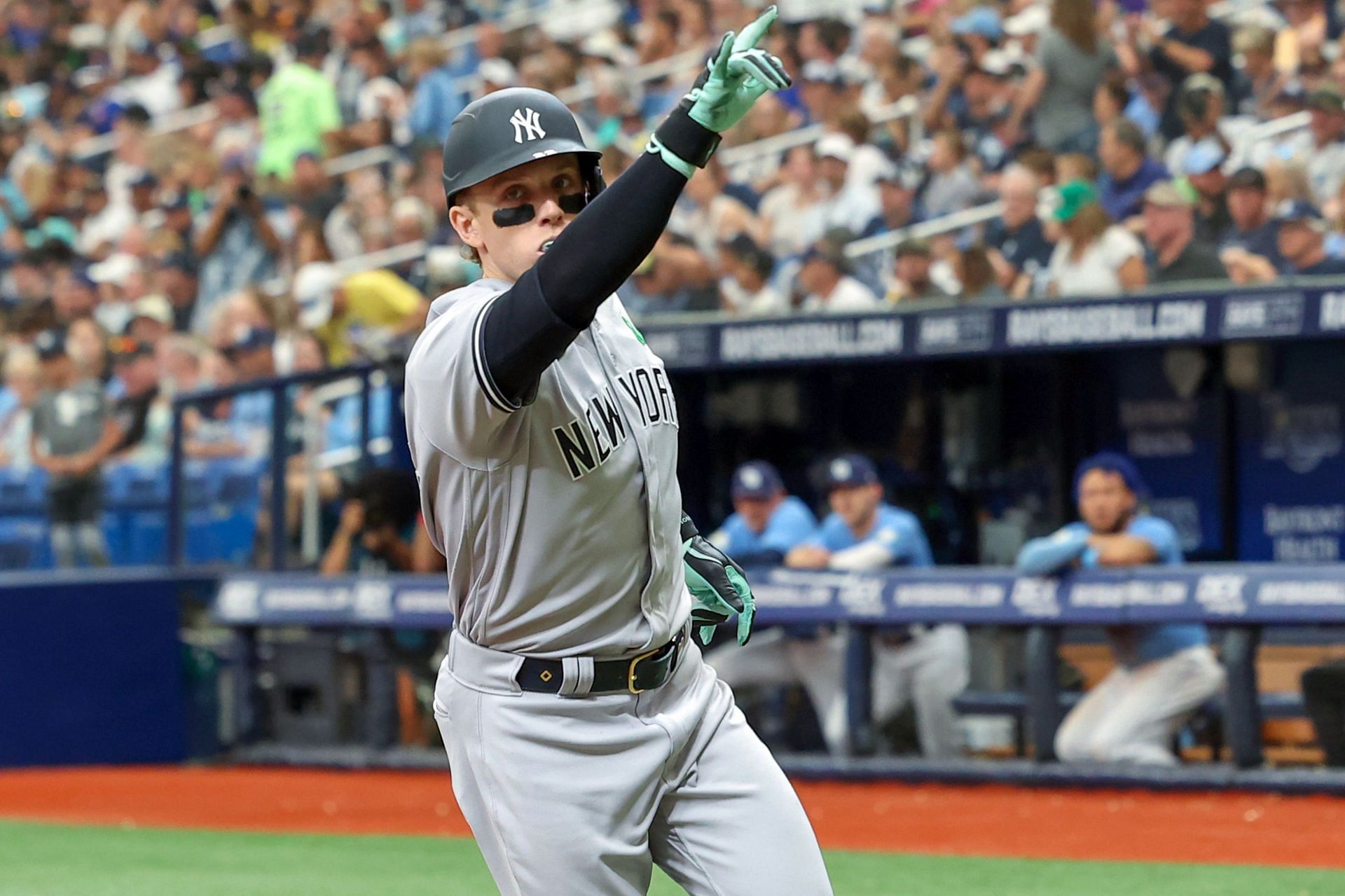 Harrison Bader of the New York Yankees celebrates his home run against the Tampa Bay Rays