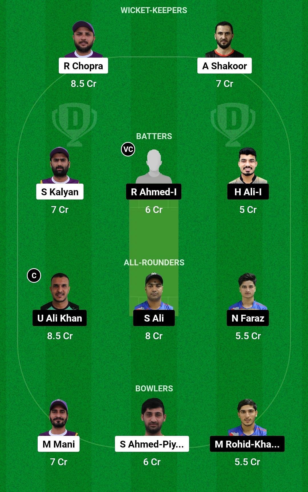 Dream11 Team for Ajman vs Fujairah - Emirates D10 League 2023.